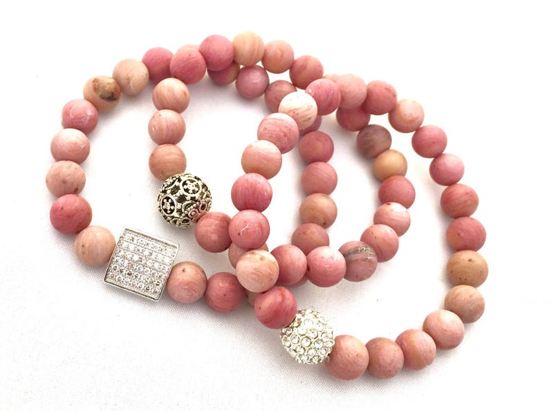 Rhodochrosite Beaded Bracelet Pink Gemstone Bracelet Heart Centered Stone Stack Bracelet Gif for Her Girlfriend Gift Mothers Day Gift image 4
