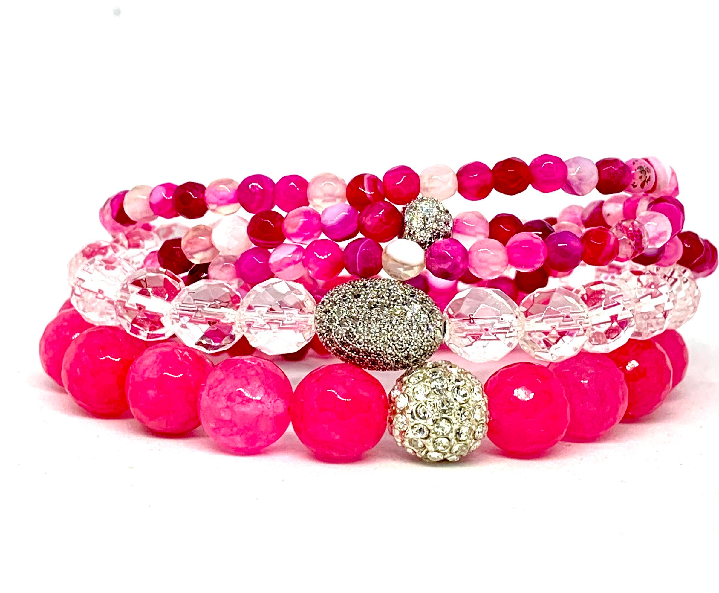 Pretty Pink Stack Pink Stone Bracelet Pink Beaded Bracelet Triple