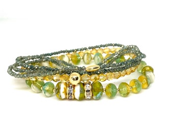 Green and Golden Glass Beaded Bracelet Stack-Czech Glass Picasso Beads - Triple Wrap Dark Green Bracelet- Polished Glass Beads-Gifts for Her
