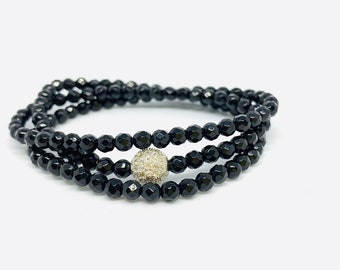 Black Agate Triple Wrap Stone Bracelet- 4mm Black Agate Gemstone Bracelet- Black Beaded Bracelet- Black Stone Bracelet - Girlfriend Gift