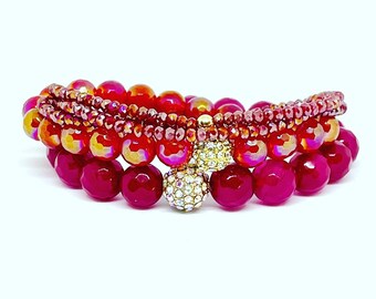 Three Bracelet Stack of Red and Deep Pink Agate and Triple wrap Bling Glass Beads - Opulence Agate 8mm - Dainty Bracelet - Girlfriend Gift