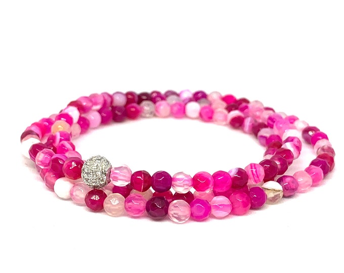 Pink Agate Bracelet- Pink Stone Bracelet- Pink Beaded Bracelet- Stackable Bracelet- Gemstone Bracelet- Mothers Day Gift- Bridal Shower Favor