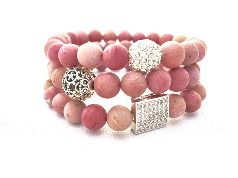 Rhodochrosite Beaded Bracelet Pink Gemstone Bracelet Heart Centered Stone Stack Bracelet Gif for Her Girlfriend Gift Mothers Day Gift image 2