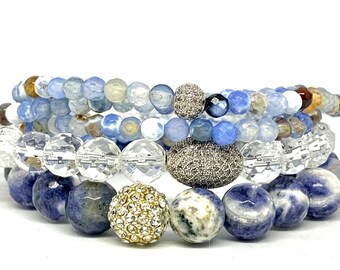 3 Bracelet Blue Beaded Stacks - Sodalite Bracelet- Triple Wrap Blue Agate Bracelet-Clear Quartz Bracelet -Gemstone Bracelet- Gift for Her