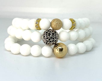 White Faceted Jade Gemstone Bracelet- Beaded Stone Bracelets- Stack Bracelets- Grounding Jewlery- Bridal Shower Gift-  Mothers Day Gift