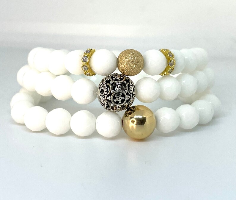 White Faceted Jade Gemstone Bracelet Beaded Stone Bracelets Stack Bracelets Grounding Jewlery Bridal Shower Gift Mothers Day Gift image 1