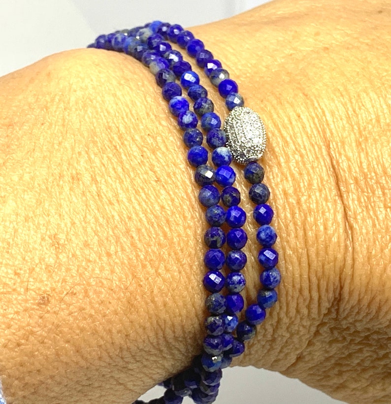 Lapis Lazuli Blue 4mm Faceted Beaded Stack bracelet-Blue Gemstone Triple Wrap Bracelet-Meditation Jewelry-Gift for Her Slip on Bracelet image 5