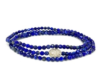 Lapis Lazuli Blue 4mm Faceted Beaded Stack bracelet-Blue Gemstone Triple Wrap Bracelet-Meditation Jewelry-Gift for Her - Slip on Bracelet