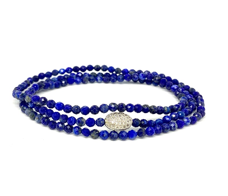 Lapis Lazuli Blue 4mm Faceted Beaded Stack bracelet-Blue Gemstone Triple Wrap Bracelet-Meditation Jewelry-Gift for Her Slip on Bracelet image 1