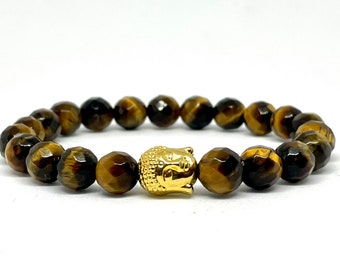 Unisex Faceted Tiger Eye Bracelet- Mens and Women’s Bracelet- Stacking Bracelets - Gemstone Slip on Beaded Bracelet-Gift for Him and Her