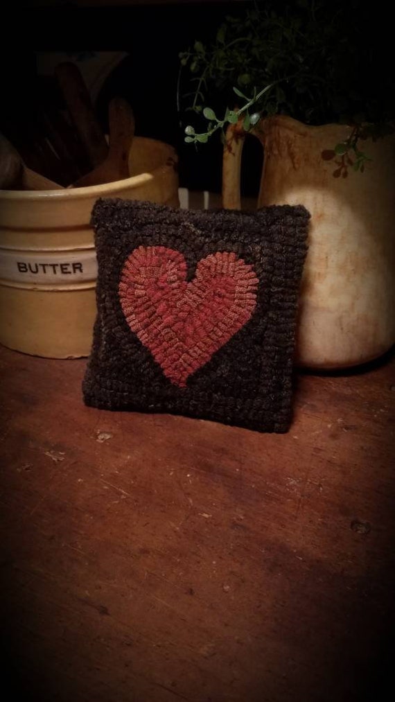 Hand Hooked Wool Heart Pillow Etsy