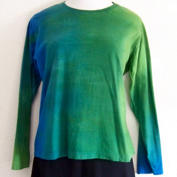 Blue, Teal and green Ombre Dyed Women's Crew Neck Long Sleeve Jersey