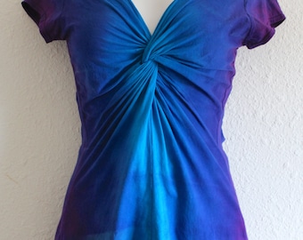 Turquoise, Blue and Purple Ombre Dyed, Twisted Front Tee, with capped sleeves