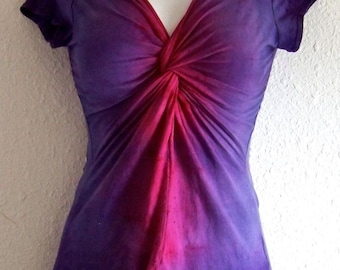 Pink and Purple Ombre Dyed, Twisted Front Tee, with capped sleeves