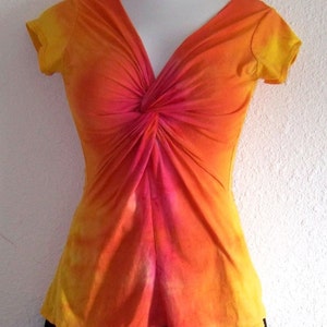 Pink, Orange and Yellow Ombre Dyed, Twisted Front Tee, with capped sleeves