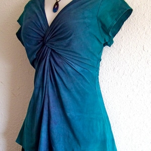 Teal and Indigo Purple, Ombre Dyed, Twisted Front Tee, with capped sleeves