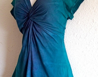 Teal and Indigo Purple, Ombre Dyed, Twisted Front Tee, with capped sleeves