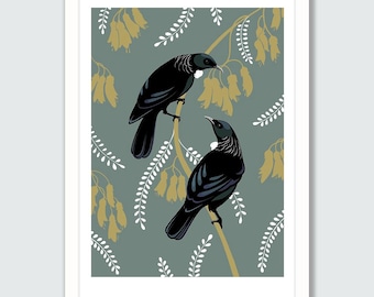 New Zealand Tui Pair - Giclee art print