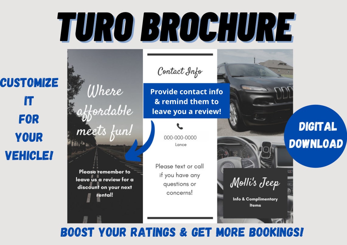 Turo Rental Car Brochure Printable Downloadable Customizeable Etsy