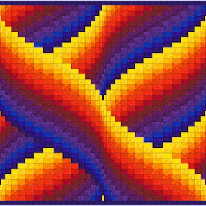 May include: A colourful quilt with a geometric pattern of squares in shades of yellow, orange, red, blue, and purple. The squares are arranged in a diagonal pattern, creating a sense of movement and depth.