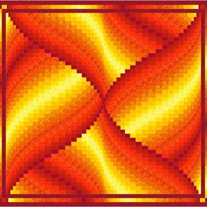 Pode incluir: Um cobertor quadrado com um padrão geométrico de quadrados vermelhos, laranja e amarelos. O cobertor é feito de quadrados menores que são organizados em um padrão repetitivo. O cobertor é emoldurado com uma borda vermelha.