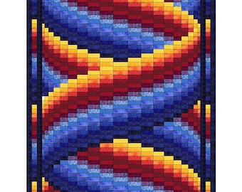 May include: A quilt with a geometric pattern of blue, red, and yellow squares. The squares are arranged in a diagonal pattern, creating a sense of movement. The quilt is framed with a dark blue border.