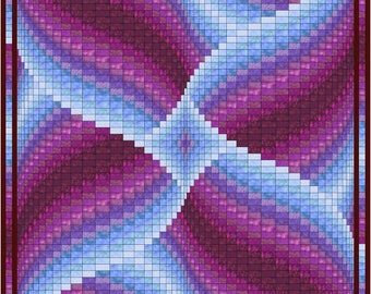 May include: A square quilt with a geometric pattern of small squares in shades of purple, blue, and white. The pattern creates a swirling effect in the center of the quilt.