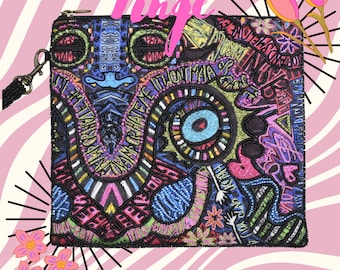 May include: A black beaded clutch bag with a colorful, abstract design featuring a large blue eye and the word "Tinge" in pink lettering.