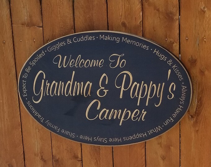 Personalized Carved Wooden Sign - "Welcome to GRANDPARENTS Camper" - Oval 19"x12"