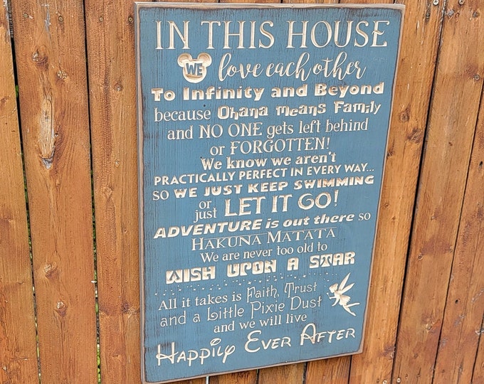 READY TO SHIP Carved Wooden Sign - "In this house, we do Disney" - Frozen, Lion King, Aladdin, Little Mermaid - 16x24 - Country Blue