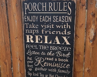 Custom Carved Wooden Sign - &quot;Porch Rules, Enjoy Each Season&quot;