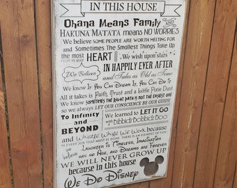 Custom Carved Wooden Sign - "In this House Ohana means family ... WE DO DISNEY " Lion King, Frozen, Toy Story, Mickey Mouse