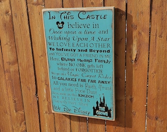 Personalized Carved Wooden Sign - "In this Castle ... Disney Family" with personalized Castle
