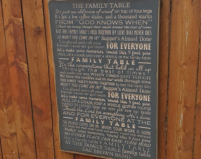 Custom Carved Wooden Sign - "It's just an old piece of wood on top of four legs ... Family Table" - Zac Brown Band FAMILY TABLE song lyrics