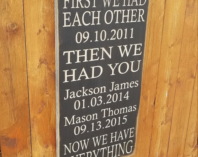 Personalized Carved Wooden Sign - "First We Had Each Other"