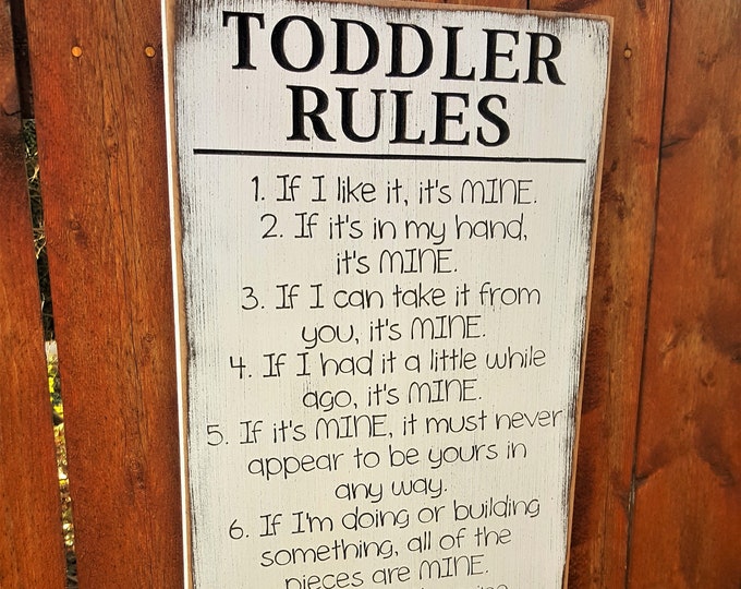 Custom Carved Wooden Sign - "Toddler Rules - If I like it, It's Mine ... If It's In My Hand, It's Mine ... If It's Broken, It's Yours"