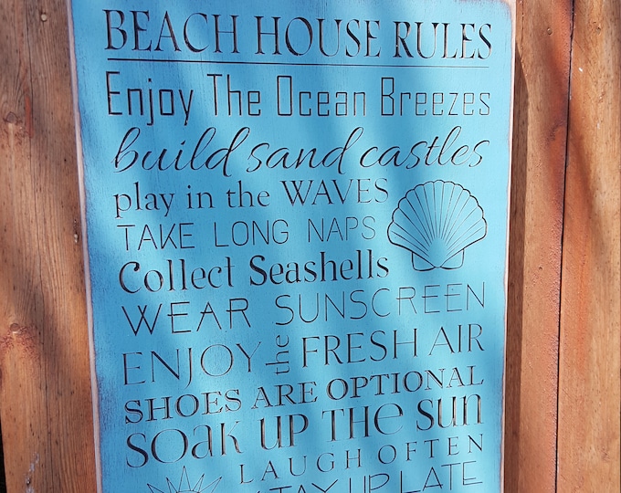 Custom Carved Wooden Sign - "BEACH HOUSE - RULES"