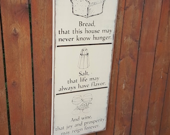 Custom Carved Wooden Sign - "Bread, Salt, and Wine" - 24"x10"