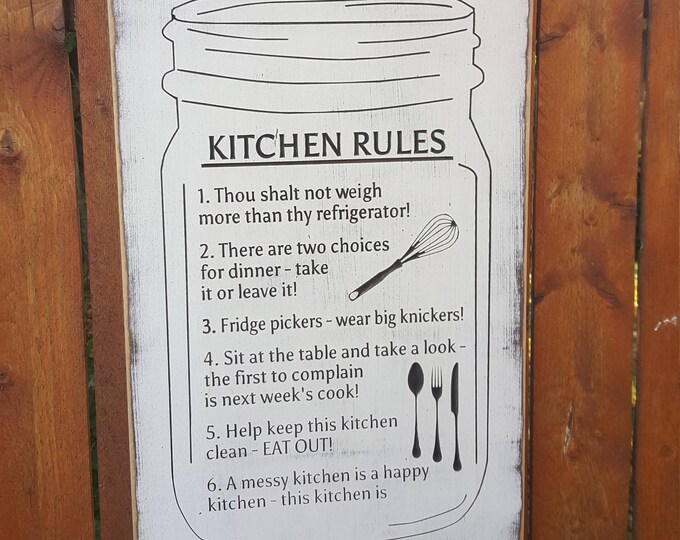 Custom Carved Wooden Sign - "Kitchen Rules" with Mason Jar