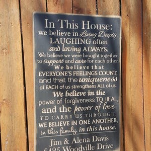 Personalized Carved Wooden Sign - &quot;In this House We Believe in Living Deeply ...&quot; House Rules