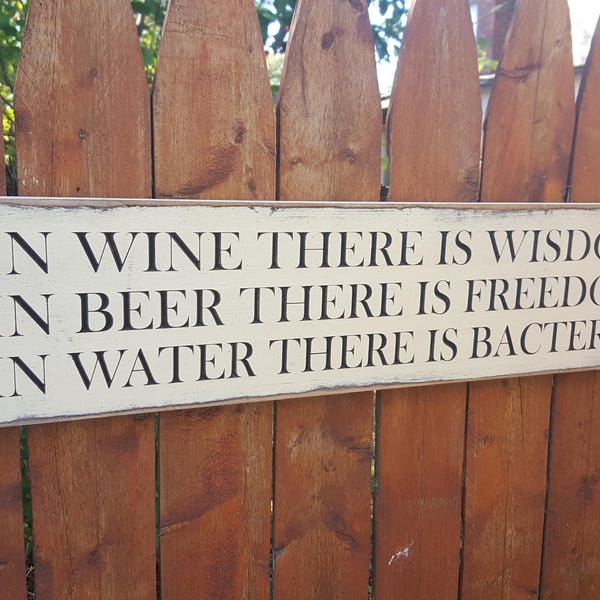 Geschnitztes Holzschild - "In Wein gibt es Weisheit, im Bier gibt es Freiheit, im Wasser gibt es Bakterien" - 24"x6"