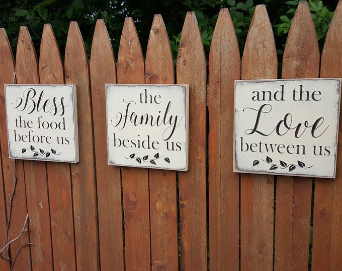 Custom Carved Wooden Sign - SET OF 3 - "Bless the Food Before Us, the Family Beside Us, and the Love Between Us"