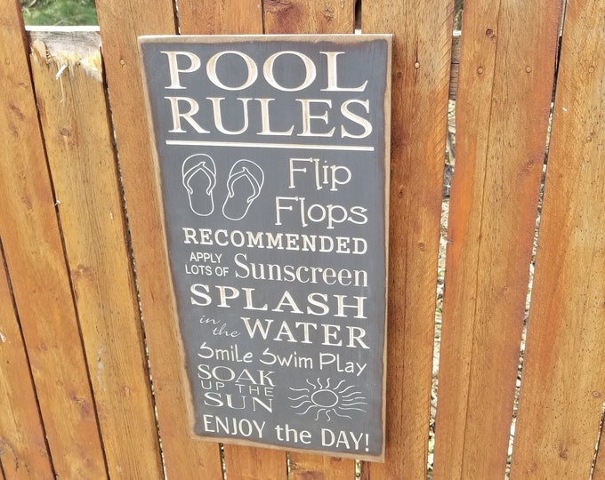 Custom Carved Wooden Sign - "Pool Rules, Flip Flops, Sunscreen, Splash ..."