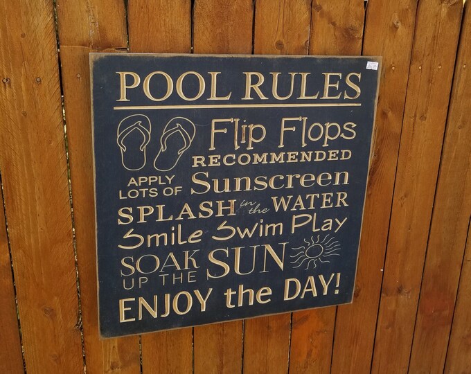 READY TO SHIP - "Pool Rules - Splash, Smile, Swim, Play, Sun" - 18x18 - Navy Blue