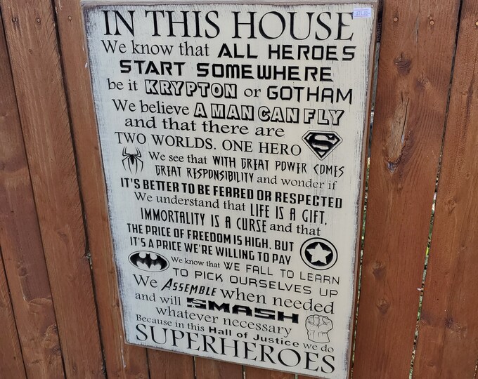 READY TO SHIP - "In this house ... we do Superheroes" - Hulk, Iron Man, Thor, Captain America - 16x24 - Cream