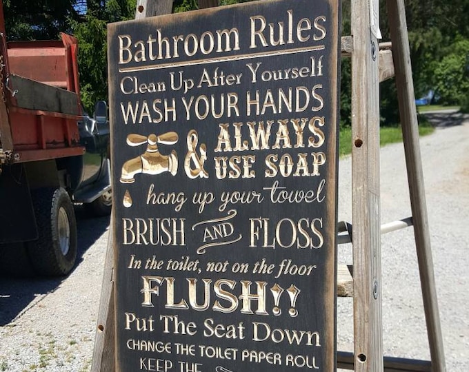 Custom Carved Wooden Sign - "BATHROOM RULES"