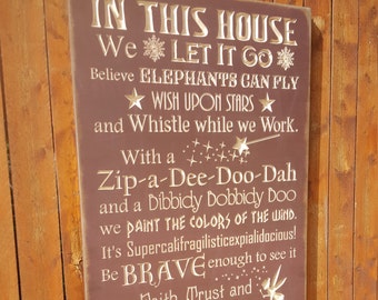 Custom Carved Wooden Sign - "In This House, We do DISNEY - with Castle & Fireworks"