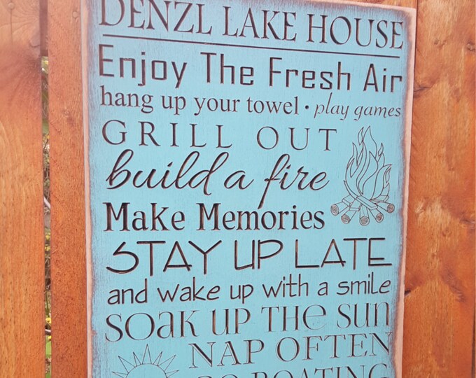 Personalized Carved Wooden Sign - "LAKE HOUSE - RULES"