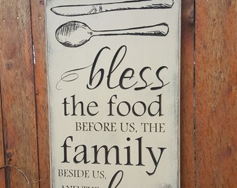Custom Carved Wooden Sign - "Bless the Food Before Us, The Family Beside Us and The Love Between Us" - with Silverware