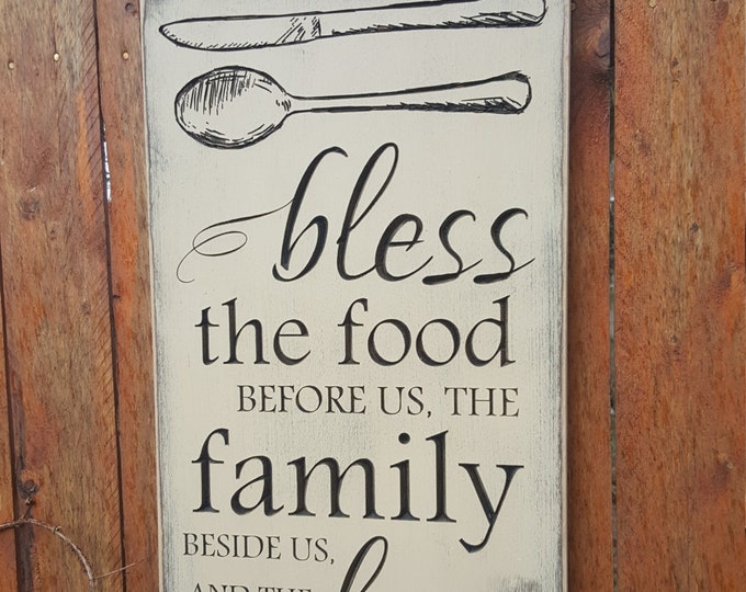 Custom Carved Wooden Sign - "Bless the Food Before Us, The Family Beside Us and The Love Between Us" - with Silverware